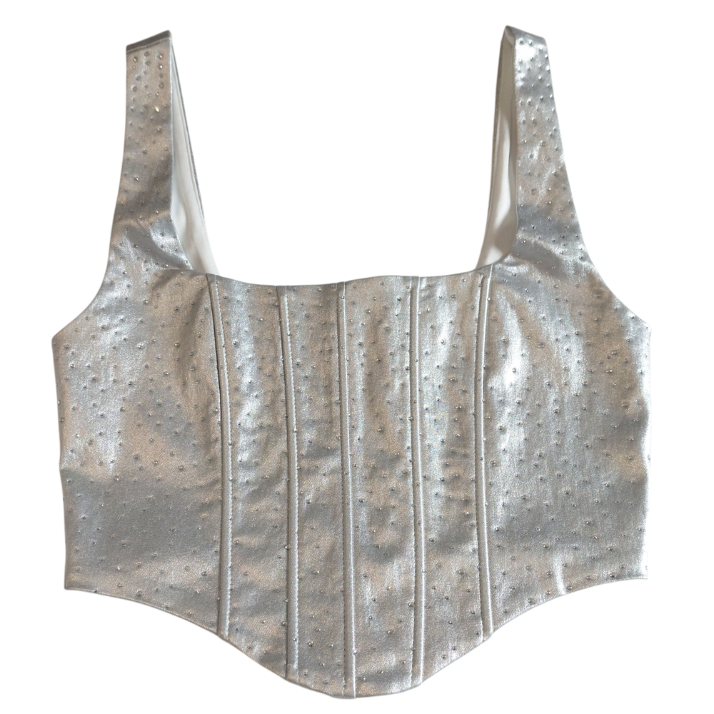 Windsor Silver Rhinestone Studded Corset Bustier Zippered Sleeveless Top Size M